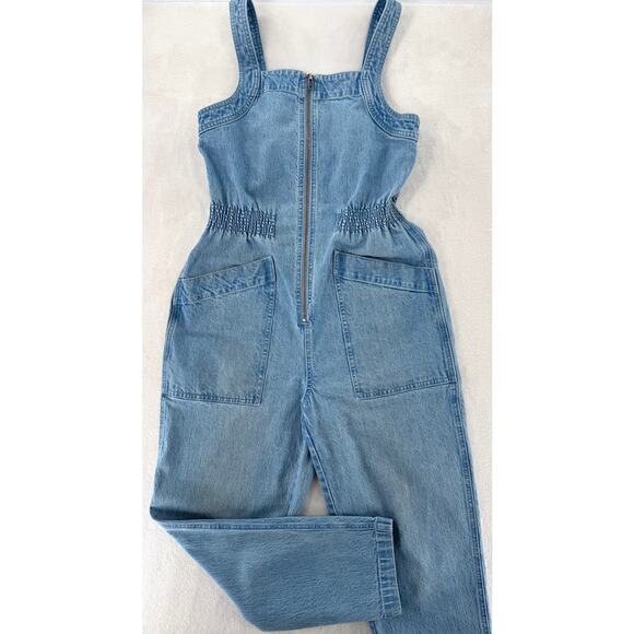 Madewell Smock Waist Denim Jumpsuit Pantsuit Overalls Zip up Blue Jeans Medium - Picture 2 of 12